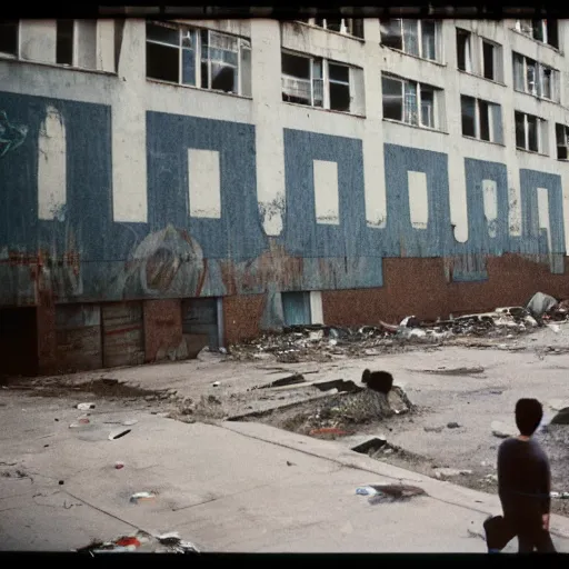 Image similar to brutalist buildings, rundown buildings, orwellian dystopia, totalitarian murals on building walls, hooligans with shaggy hair and blue suits, 1 9 7 1 cinematic, 8 mm photo lens, kodak