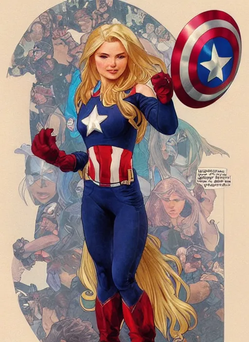 Image similar to toned young april with a mischievous face and extremely long blonde wavy hair dressed as superhero in her early 2 0 s, posing with hands behind back, captain america, tight fit, curvaceous, intricate detailed face, shiny, artgerm, greg rutkowski, alphonse mucha