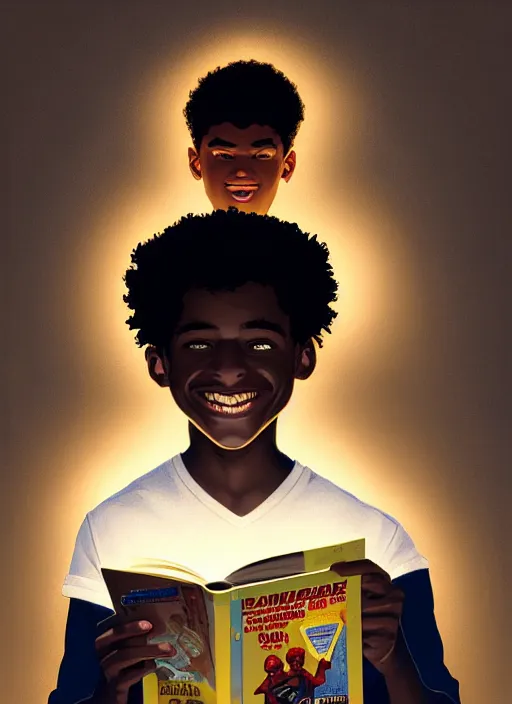 Image similar to portrait of teenage chuck clayton, black teenage boy, short curly hair, short hair square jaw, slight excited smile, reading a comic book, intricate, elegant, glowing lights, highly detailed, digital painting, artstation, concept art, smooth, sharp focus, illustration, art by wlop, mars ravelo and greg rutkowski