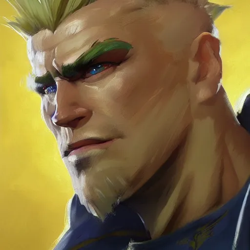 Prompt: greg manchess portrait painting of guile from street fighter as overwatch character, medium shot, asymmetrical, profile picture, organic painting, sunny day, matte painting, bold shapes, hard edges, street art, trending on artstation, by huang guangjian and gil elvgren and ross tran