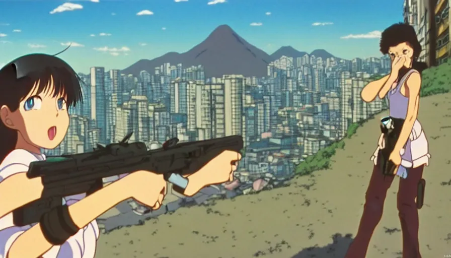 Prompt: 1 9 8 6 anime screencap of a girl with a gun on a rio de janeiro anime, by hayao miyazaki, studio ghibli, beautiful favela background extremely utra high quality artwork 8 k