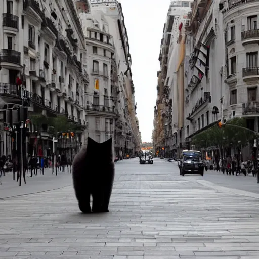 Prompt: A giant cat is walking through Gran Via in Madrid