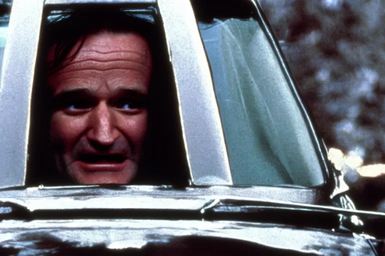 Prompt: Robin Williams as Jack Torrance driving in The Shining 1980