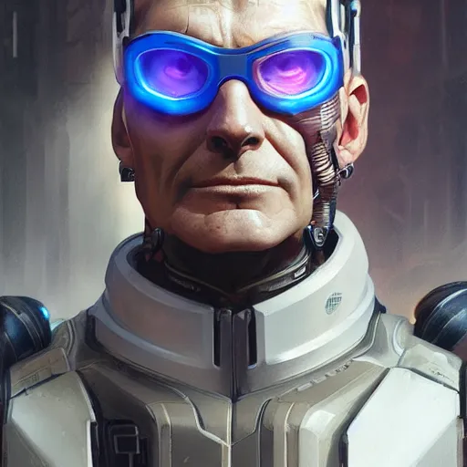 Image similar to science-fiction character portrait of Soldier 76 from Overwatch, wearing cybernetic visor, dystopian mood, intricate, wild, highly detailed, digital painting, artstation, upper body, concept art, smooth, sharp focus, illustration, art by artgerm and greg rutkowski and alphonse mucha