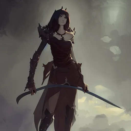 Image similar to female human vampire witch in fantasy armor holding a sword, in the style of greg rutkowski, makoto shinkai, trending on artstation, character design, concept art, pretty face, forward facing, highly detailed, digital art