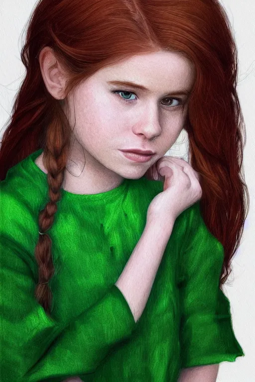 Image similar to ultra realistic style illustration of a beautiful cute red haired playful joyful teen girl in a green dress, long hair, face of young kate mara, sci - fi, intricate, elegant, digital painting, artstation, concept art, smooth, sharp focus, illustration, 8 k frostbite 3 engine, ultra detailed, art by artgerm and greg rutkowski and magali villeneuve