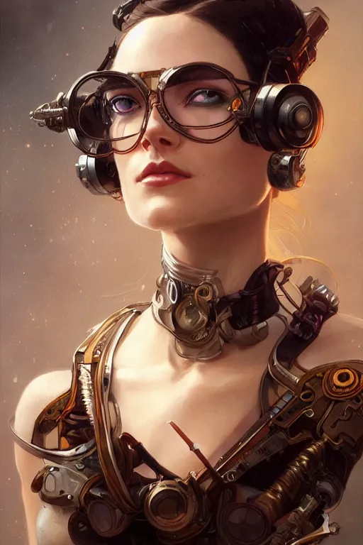 Prompt: portrait of beautiful female cyborg wearing glasses, western, steampunk, duster, fantasy, intricate, elegant, highly detailed, digital painting, artstation, concept art, sharp focus, illustration, art by artgerm and greg rutkowski and alphonse mucha