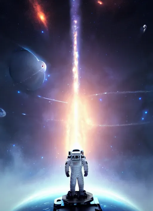 Image similar to astronaut cosmonaut discovery of new worlds of galaxies panorama, fantasy portal to far universe. astronaut space exploration, gateway to another universe, cinematic view, epic sky, detailed, concept art, low angle, high detail, warm lighting, volumetric, godrays, vivid, beautiful, trending on artstation, by jordan grimmer, huge scene, art greg rutkowski