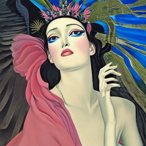 Prompt: a oil painting painting of a portrait of a queen of ecstasy, an art deco painting by Patrick Nagel, by Georgia O Keeffe, by Yoshitaka Amano, by Gustave Moreau, art deco, matte drawing, storybook illustration, tonalism, realism
