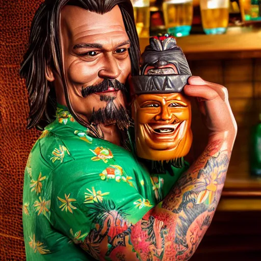 Prompt: a photorealistic photograph of a Trader Vic's tiki mug featuring joyful Johnny Depp at a Tiki bar - Trending on Artstation, featured on Behance, well-rendered, Unreal Engine, 4K HD