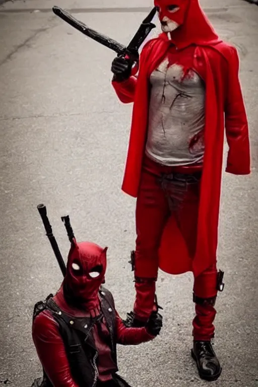 Image similar to red hood cosplay, creepy, disturbing, bloody