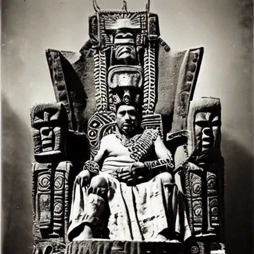 Prompt: vintage photo of an aztec king on his throne by edward s curtis, photo journalism, photography, cinematic, national geographic photoshoot