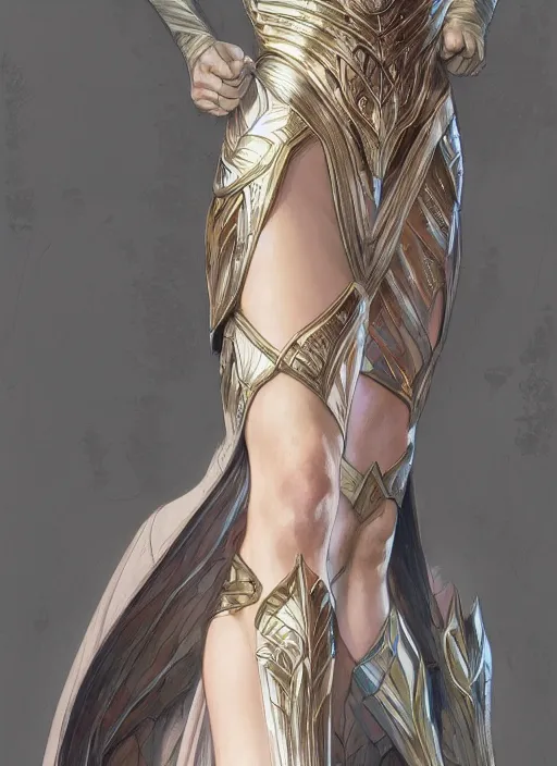 Image similar to full length photo of gal gadot wearing a dress, intricate, elegant, highly detailed, digital painting, artstation, concept art, matte, sharp focus, illustration, hearthstone, art by artgerm and greg rutkowski and alphonse mucha