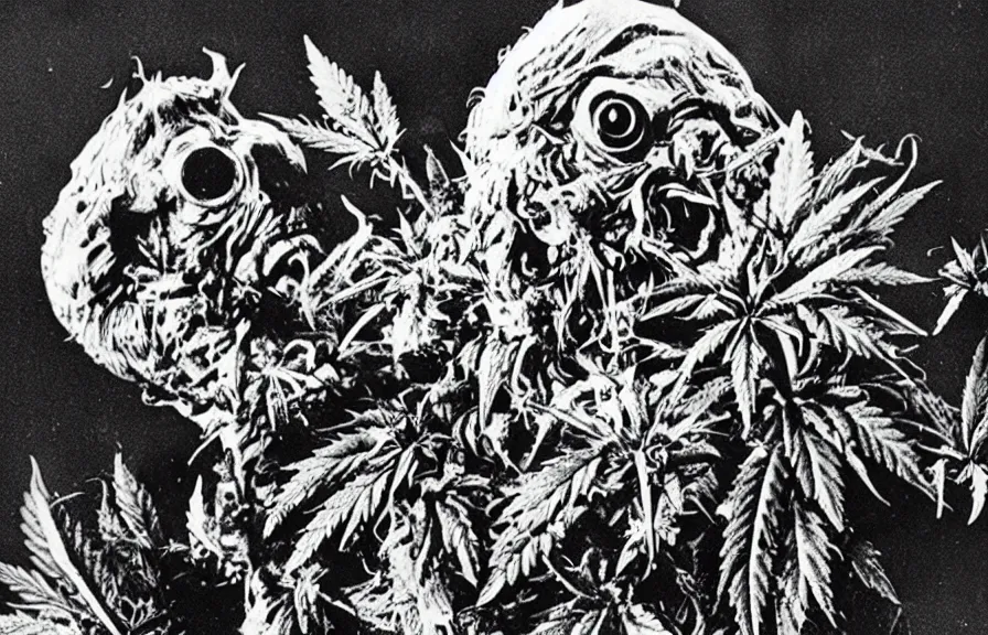 Prompt: cannabis monster, 80’s horror movie still