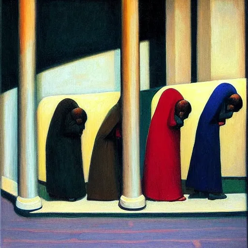 Prompt: monks queue up for ice cream, grant wood, pj crook, edward hopper, oil on canvas