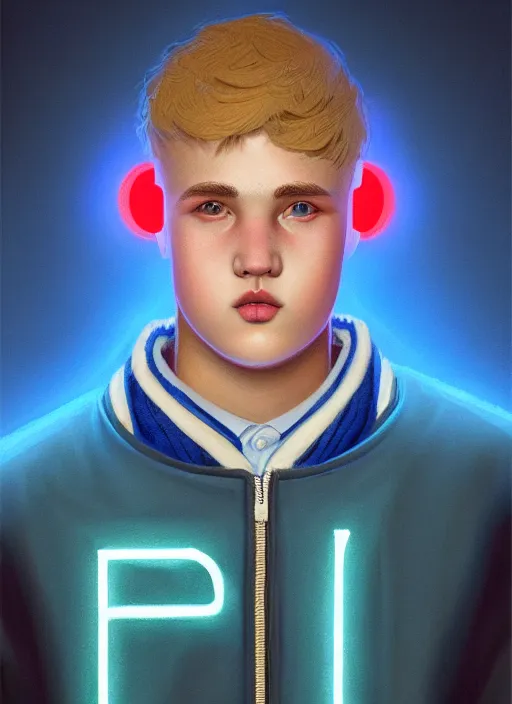 Image similar to portrait of high school senior boy named big moose, blonde short hair, jock, beefy, wide face, square jaw, square facial structure, blue varsity jacket with letter r, intricate, elegant, glowing lights, highly detailed, digital painting, artstation, concept art, sharp focus, illustration, art by wlop, mars ravelo and greg rutkowski