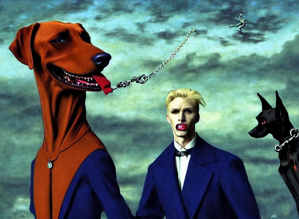 Image similar to realistic detailed portrait movie shot of an elegant blond male vampire with a doberman on a leash, sci fi landscape background by denis villeneuve, amano, yves tanguy, alphonse mucha, max ernst, caravaggio, roger dean, masterpiece, rich moody colours, dog teeth, blue eyes