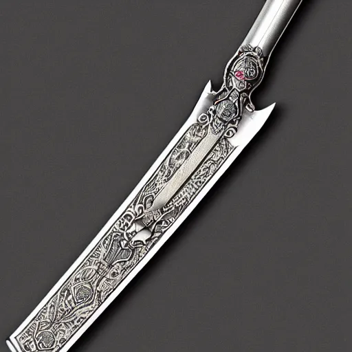 Image similar to hyperrealistic photograph! of a royal silver!! claymore sword, ornate with rubies and amethysts!!!!, crusade style