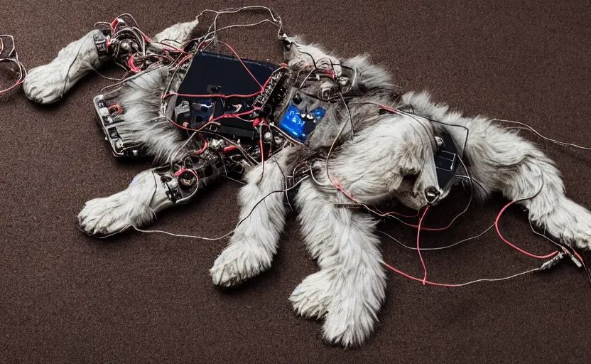 Image similar to laying dog, dirty fur, robotic, sad eyes, opened wound with wires coming out, circuit, electricity, mud, realistic photography