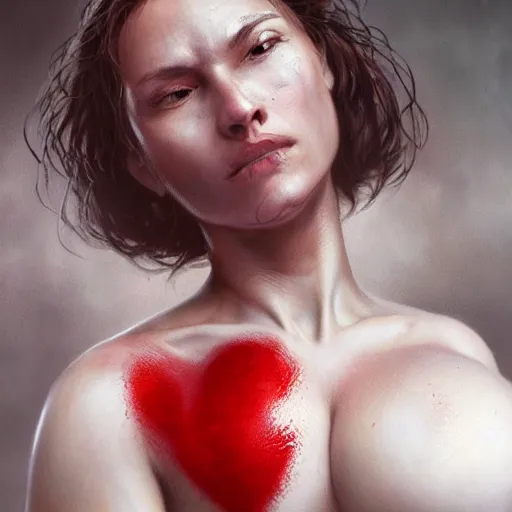 Image similar to UHD closeup of a Photorealistic woman with a giant gaping hole in her chest, heart bursting out, with huge amount of blood gushing out by Antonio Caparo and Ferdinand Knab and Greg Rutkowski, UHD, photorealistic, trending on artstation, trending on deviantart