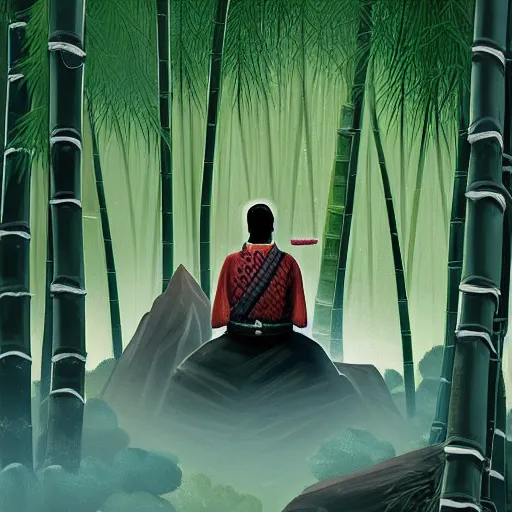 Prompt: a lone samurai meditating in a snowy bamboo jungle, detailed illustrative fantasy concept art, 8k —w 1024 —h 512