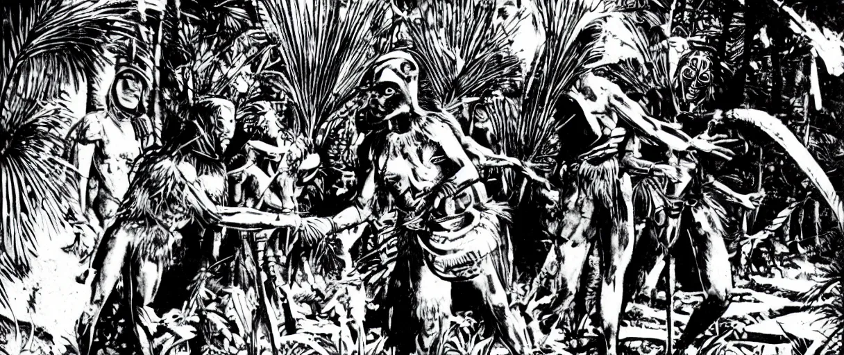 Image similar to aztecs shake hands with aliens in jungle with spaceship. highres. feathers. noir.