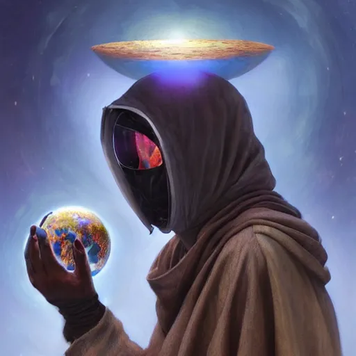 Image similar to masked nomad male wearing a cloak on an alien world and holding a holographic planet projection in his hand, detailed, sci - fi, digital painting, artstation, sharp focus, illustration, ominous, artgerm, tomasz alen kopera, peter mohrbacher, donato giancola, joseph christian leyendecker, wlop, frank frazetta