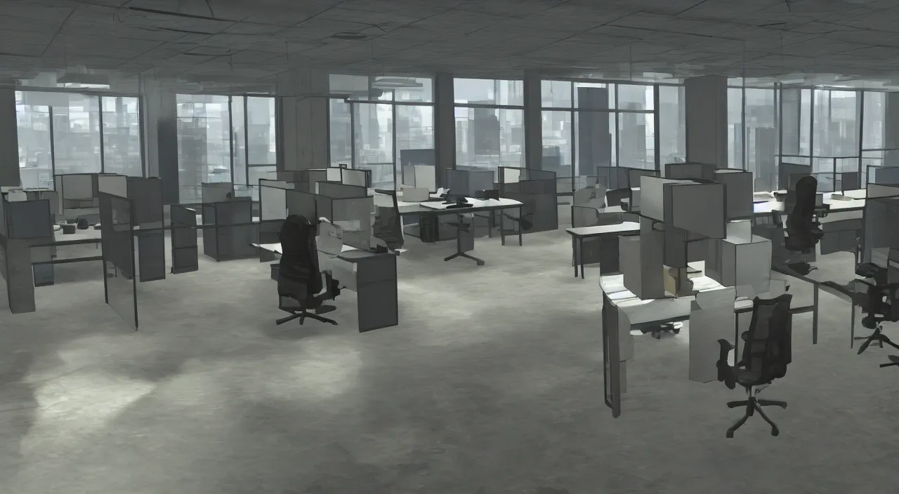 Prompt: A man in the office at 3AM with multiple cubicles and a window that provides a view of the city, Source Engine, Gmod, Half Life 2