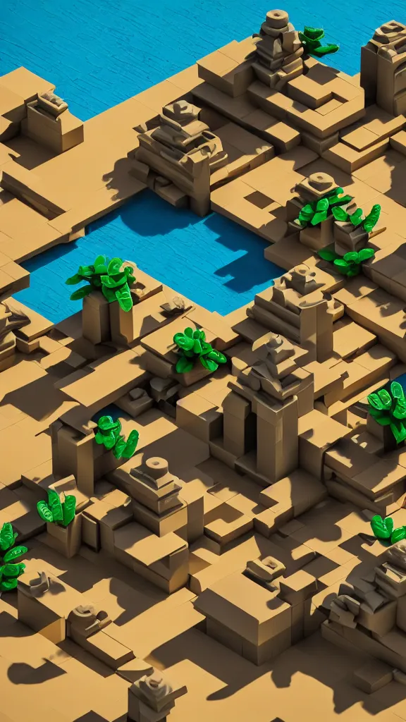 Image similar to matte 3 d low poly scene of a desert temple, lat lighting, isometric perspective on tropical beach background, soft shadows, 3 d render, lego builders journey, raytracing,