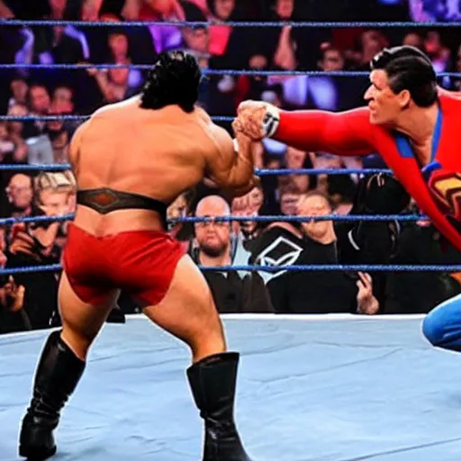 Image similar to supermen and hulk at WWE smacking down Vince McMahon