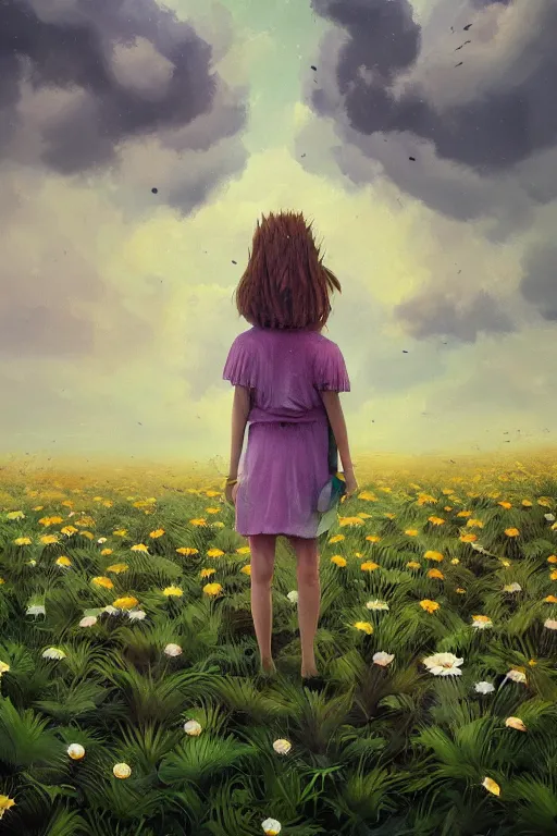Image similar to closeup, girl with giant daisy flower head, between monsteras, surreal photography, wind and cold, dramatic sky, impressionist painting, digital painting, artstation, simon stalenhag