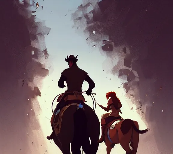 Image similar to a brunette man and a ginger woman riding on horseback on a track, medieval times by atey ghailan, by greg rutkowski, by greg tocchini, by james gilleard, by joe fenton, by kaethe butcher, dynamic lighting, gradient light blue, brown, blonde cream and white color scheme, grunge aesthetic