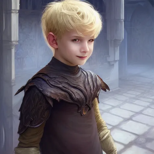 Image similar to portrait of a young boy wearing plain looking fantasy thief clothing in the slums of a fantasy city, blonde hair, d & d, fantasy, joyful smirk, intricate, elegant, highly detailed, digital painting, artstation, concept art, matte, sharp focus, illustration, art by artgerm and greg rutkowski and alphonse mucha