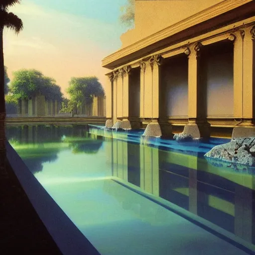 Image similar to David Ligare masterpiece, hyperrealistic surrealism, award winning masterpiece with incredible details, beautiful lighting, pool caustics, illuminated orbs, epic stunning, infinity pool, a surreal vaporwave liminal space, highly detailed, trending on ArtStation, broken giant marble head statue ruins, calming, meditative, geometric liminal space, palm trees, very vaporwave, very very surreal, sharp details