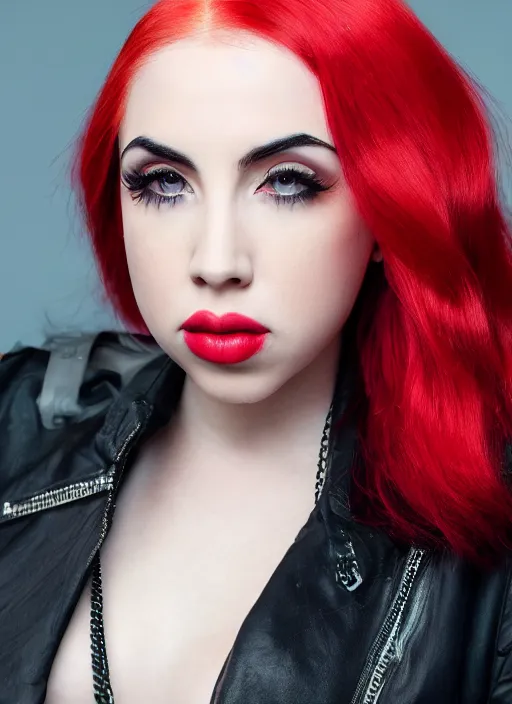 Image similar to ava max bright red hair photographed by charlotte rutherford, canon, highly realistic. high resolution. highly detailed. dramatic. 8 k. 4 k.