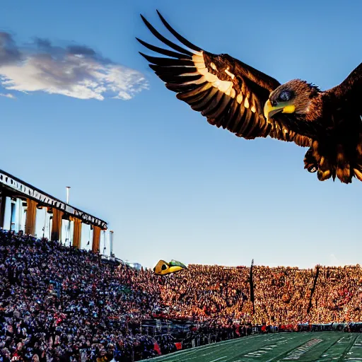 Image similar to cinematic photo of a giant eagle snatching away the oregon duck mascot with its talons, camera is looking up at the subject in the sky with fancy clouds behind