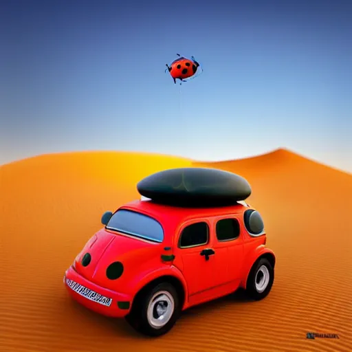 Image similar to a ladybug car driving through the sahara desert, bold natural colors, national geographic photography, masterpiece, full shot