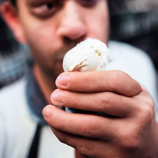 Image similar to a very sad man holding a very tiny cup of ice cream in nyc. photograph.