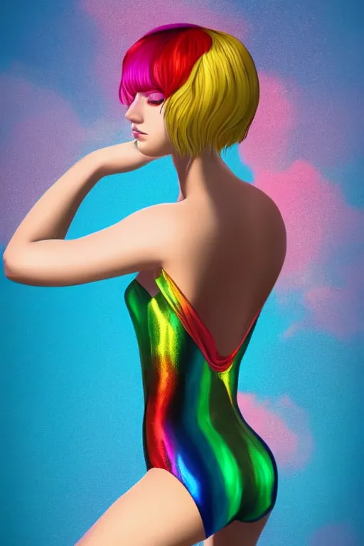 Prompt: beautiful full body portrait of a rainbow hair woman wearing a sparkling cherry color one piece swimsuit, pixie haircut wlop, artgerm, artstation, backlit, marble background