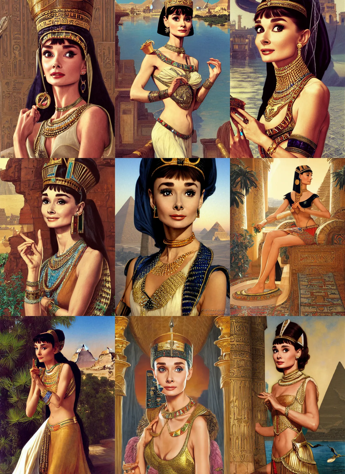 Prompt: portrait audrey hepburn as hot egypt princess cleopatra on a open terrace with nile - river and pyramids view, full length shot, shining, 8 k highly detailed, sharp focus, illustration, art by artgerm, mucha, bouguereau