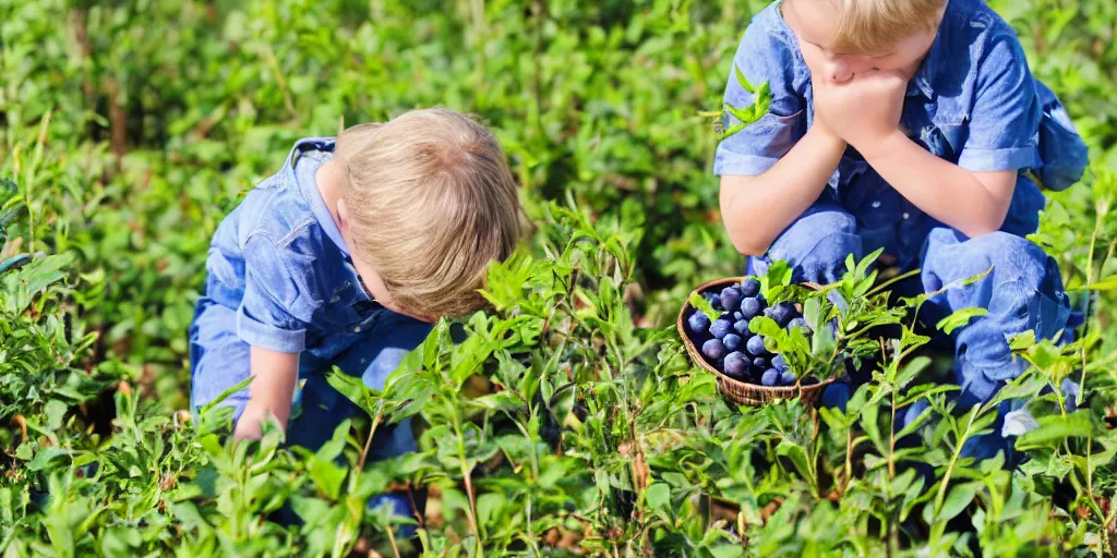 Image similar to a small child picking blueberries in a field on a bright and sunny morning