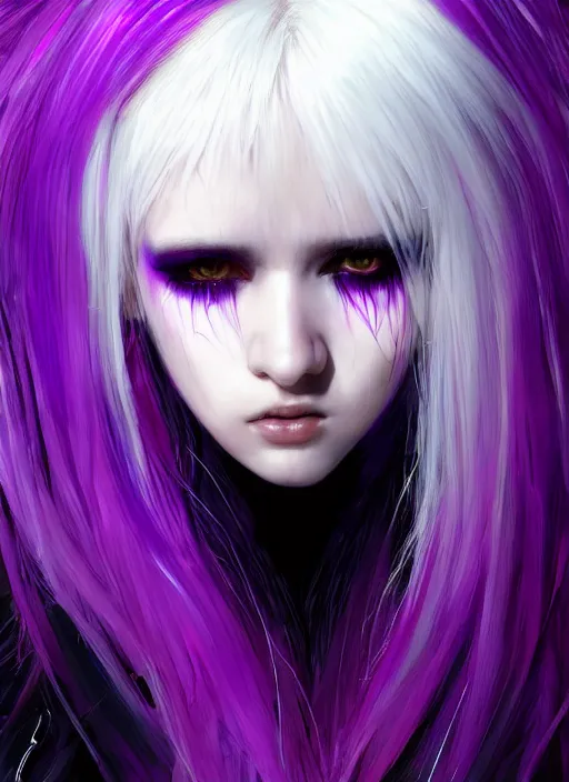 Image similar to hair whitebangs hair, black cyberlox, portrait of normal teenage girl, white bangs, messy bangs, fluffy bangs, cyberlox, whitebangs, red contact lenses, purple background, intricate, elegant, highly detailed, digital painting, artstation, concept art, sharp focus, smooth, illustration, art by wlop, mars ravelo and greg rutkowski