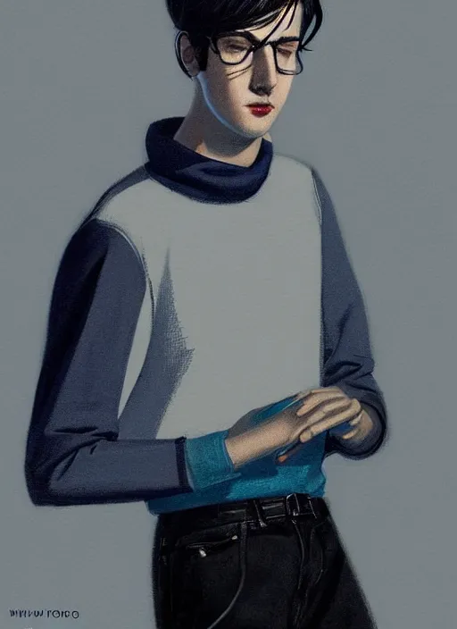 Image similar to portrait of teenage jughead jones wearing a light grey crown, crown, blue turtleneck, 1 9 5 0 s, closed eyes, photorealistic, black hair, glowing lighting, intricate, elegant, glowing lights, highly detailed, digital painting, artstation, concept art, smooth, sharp focus, illustration, art by wlop, mars ravelo and greg rutkowski