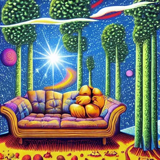 Image similar to psychedelic trippy couch pine forest planets milky way sofa cartoon by rob gonsalves