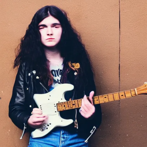 Prompt: 1 9 - year - old girl with wavy long hair, wearing black leather jacket and denim jeans, holding electric guitar, stoner rock, doom metal, concert, live concert footage