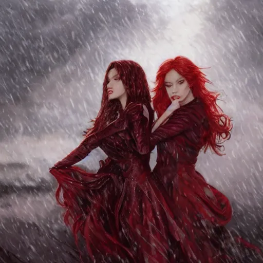 Image similar to a highly detailed portrait of polyamorous red haired vampire queens kissing in the rain wearing a blood red dress, epic fantasy, viewed in profile from far away, ultrawide lens, art by artgerm and greg rutkowski and alphonse mucha, volumetric lighting, 4 k resolution, trending on artstation, masterpiece