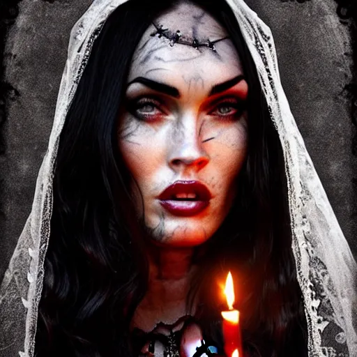 Image similar to megan fox witch queen, black eyes, blood, full body, intricate victorian dress, symmetrical eyes, rafael albuquerque, frank frazetta, moody lighting, candles