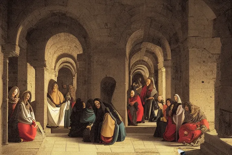 Prompt: inside the tomb of jesus, dark scene, light coming in from the left, small steps leading down, 3 marys crouching in colored robes at the tomb | 2 angels on the right side | medium close | fibonacci composition, by artgerm, canaletto
