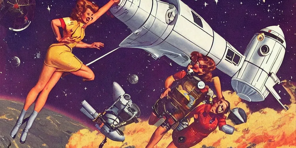 Image similar to Retro Sci-Fi. Women in the space suit riding a retro rocket in space. 1950s illustration. Sci-Fi. Pinup. Women in the space suit riding a retro rocket in space. Norman Rockwell