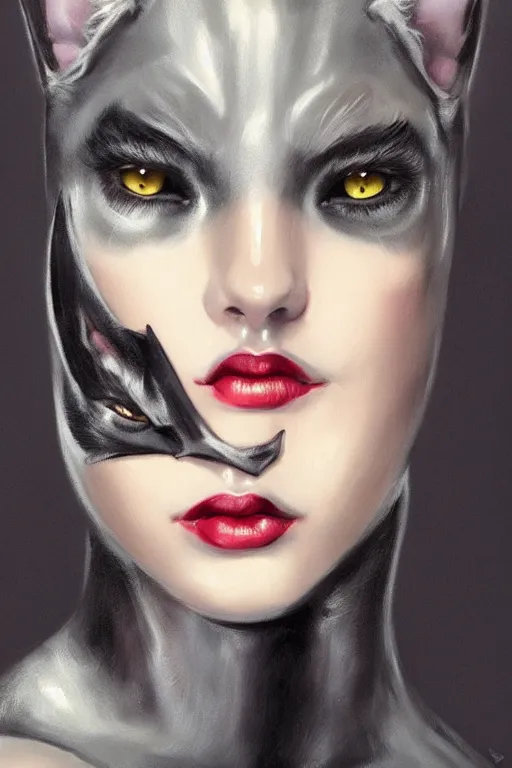 Image similar to beautiful aesthetic portrait of 1990’s Catwoman by wlop and Julia Razumova, headshot, deviantArt, trending on artstation, artstation HQ
